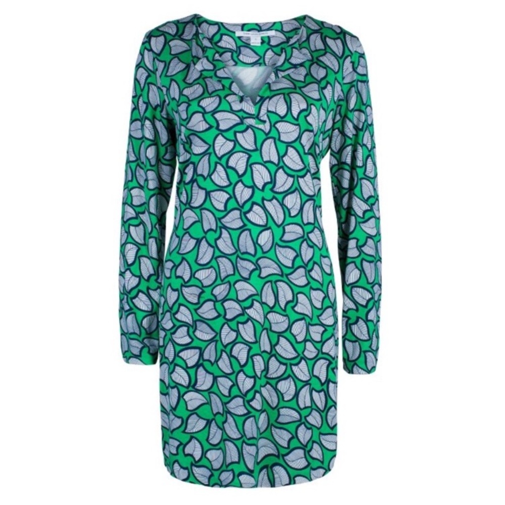 DVF Diane von Furstenberg Mini Dress Reina Silk Tunic Green Leaf Print Sz 6